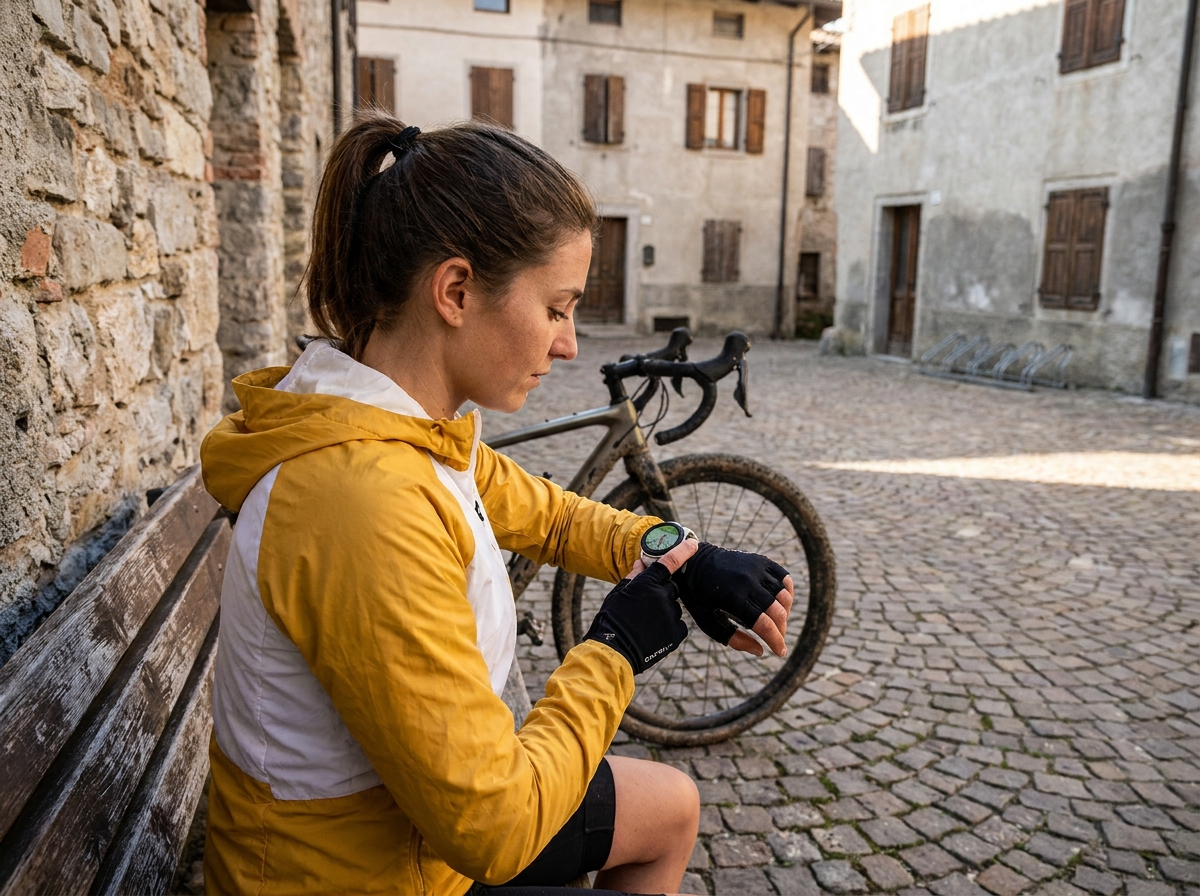 Cycliste femme analysant ses données GPS sur montre connectée après une sortie à vélo