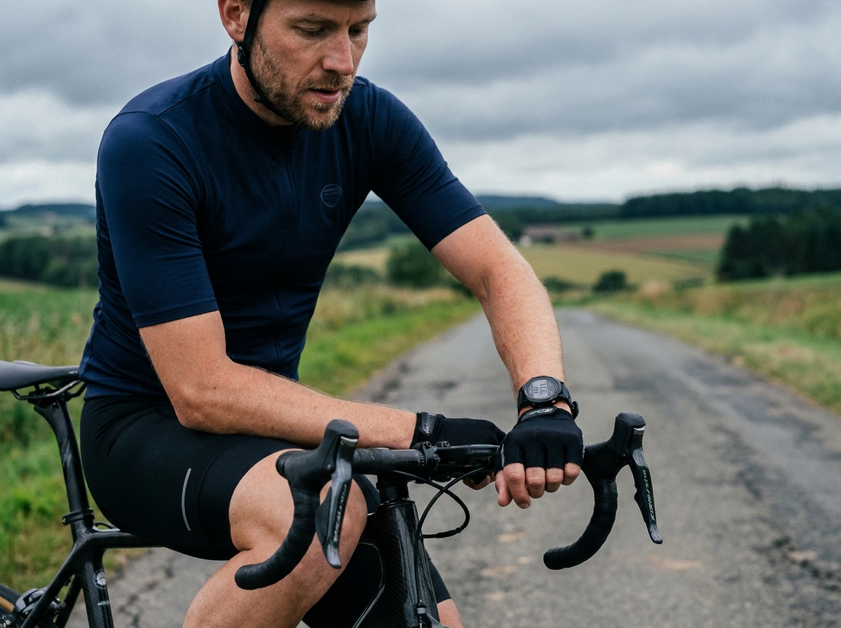 Cycliste sur route consultant sa montre GPS au guidon de son vélo de route en milieu rural