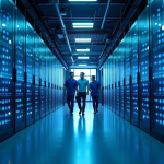 Couloir futuriste centre de données avec techniciens discutant