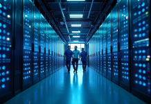 Couloir futuriste centre de données avec techniciens discutant
