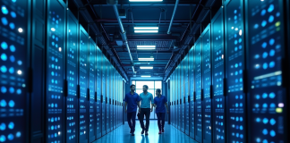 Couloir futuriste centre de données avec techniciens discutant