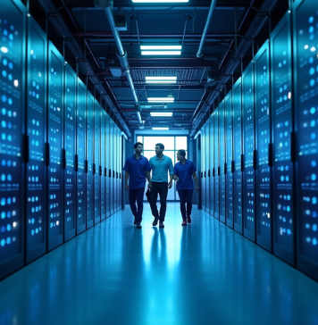 Stockage de l’information : quel avenir pour demain ? Couloir futuriste centre de données avec techniciens discutant