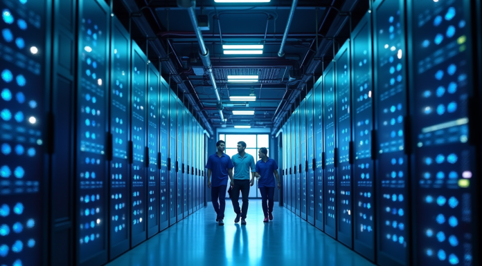 Couloir futuriste centre de données avec techniciens discutant
