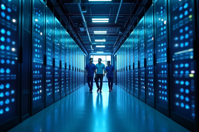 data-center-hallage-techniciens Couloir futuriste centre de données avec techniciens discutant