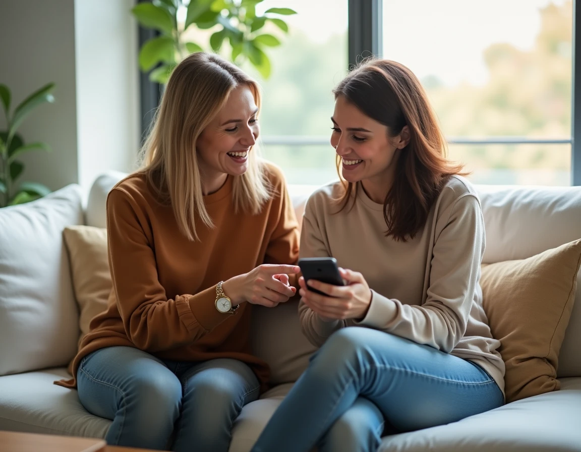 Deux femmes regardant ensemble une conversation WhatsApp avec du texte en italique sur un canapé