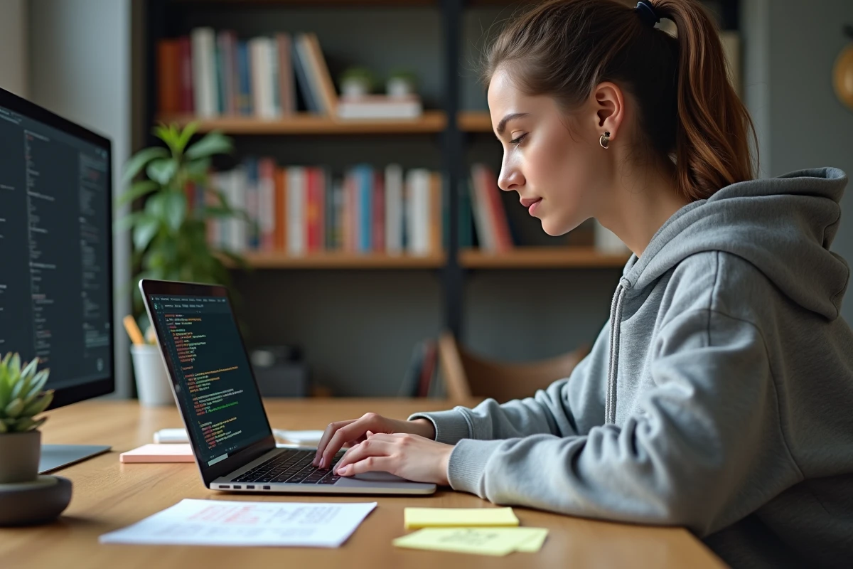 Développeuse Python en train de coder une liste avec la méthode append sur un laptop dans un bureau à domicile