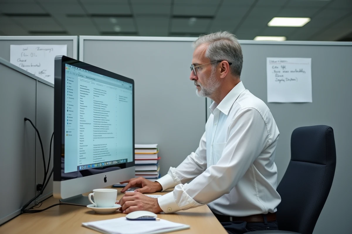 Directeur d'école triant sa boîte mail professionnelle sur un grand écran dans un bureau administratif