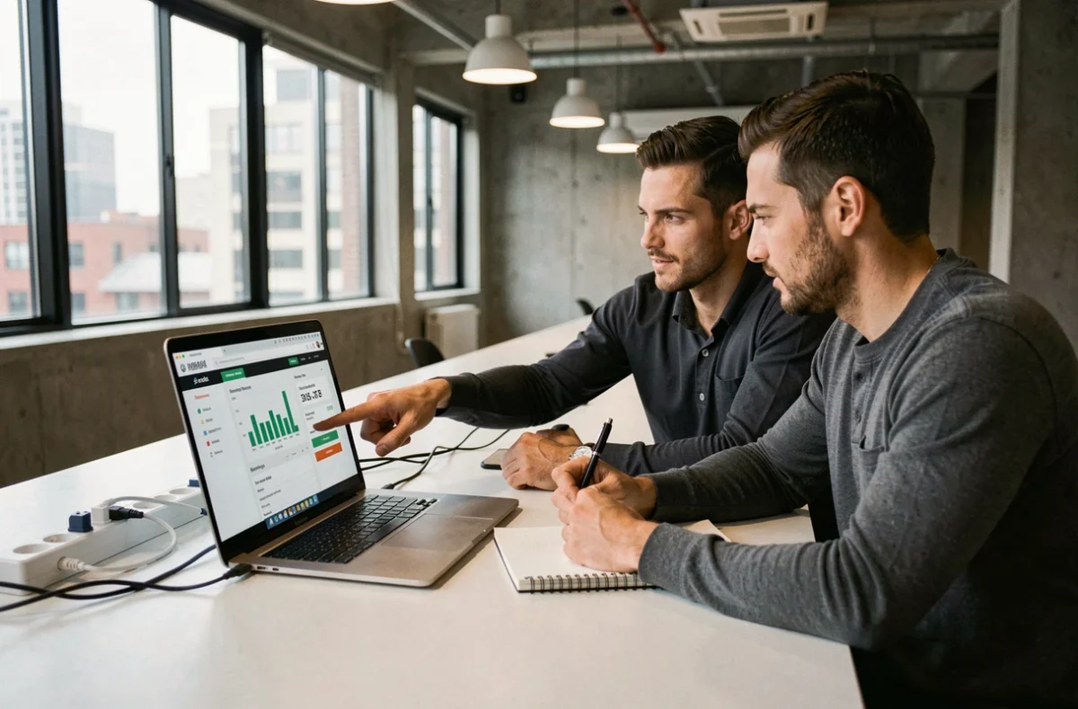 Deux hommes comparant des benchmarks et tests de PC sur un ordinateur portable dans un espace de coworking moderne