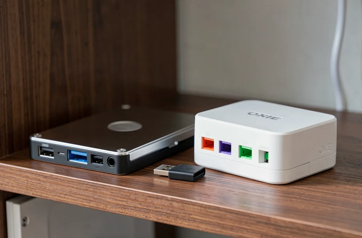 Disque dur externe et clé USB près d'une box internet