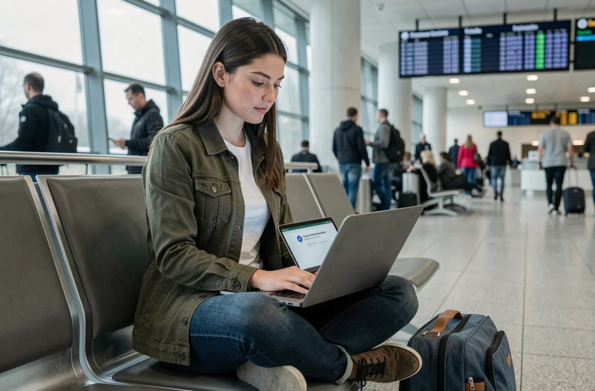 Jeune femme consultant une double authentification pour accéder à son webmail Dijon dans un aéroport international