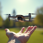 Drone DJI Mini flottant au-dessus d'une main en plein air dans un parc ensoleille