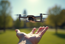 Drone DJI Mini flottant au-dessus d'une main en plein air dans un parc ensoleille