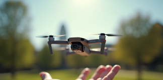 Drone DJI Mini flottant au-dessus d'une main en plein air dans un parc ensoleille