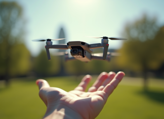 Drone DJI Mini flottant au-dessus d'une main en plein air dans un parc ensoleille