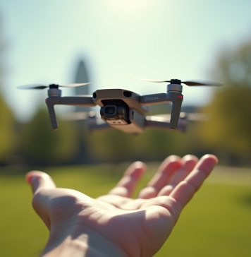 Drone DJI Mini flottant au-dessus d'une main en plein air dans un parc ensoleille