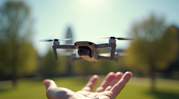 Drone DJI Mini flottant au-dessus d'une main en plein air dans un parc ensoleille
