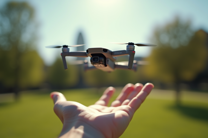 Drone DJI Mini flottant au-dessus d'une main en plein air dans un parc ensoleille