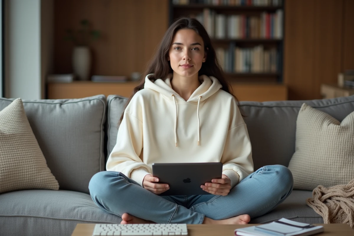 Jeune femme sur un canapé utilisant un clavier sans fil pour insérer un È majuscule accentué sur une tablette