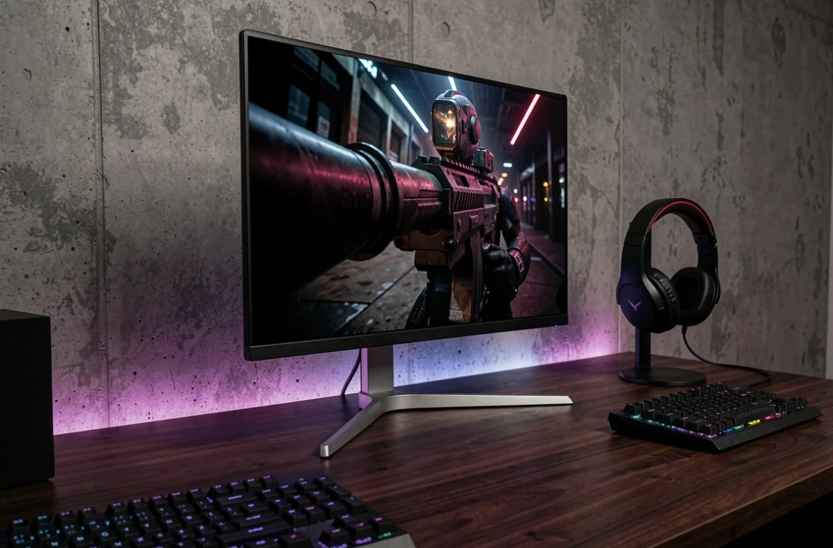 Écran OLED 27 pouces sur un bureau gaming affichant un rendu cinématique avec des noirs profonds et des couleurs saturées