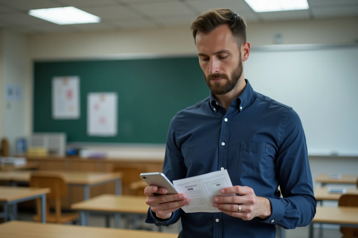 Enseignant configurant son messagerie académique de Montpellier sur iPhone dans une salle de classe