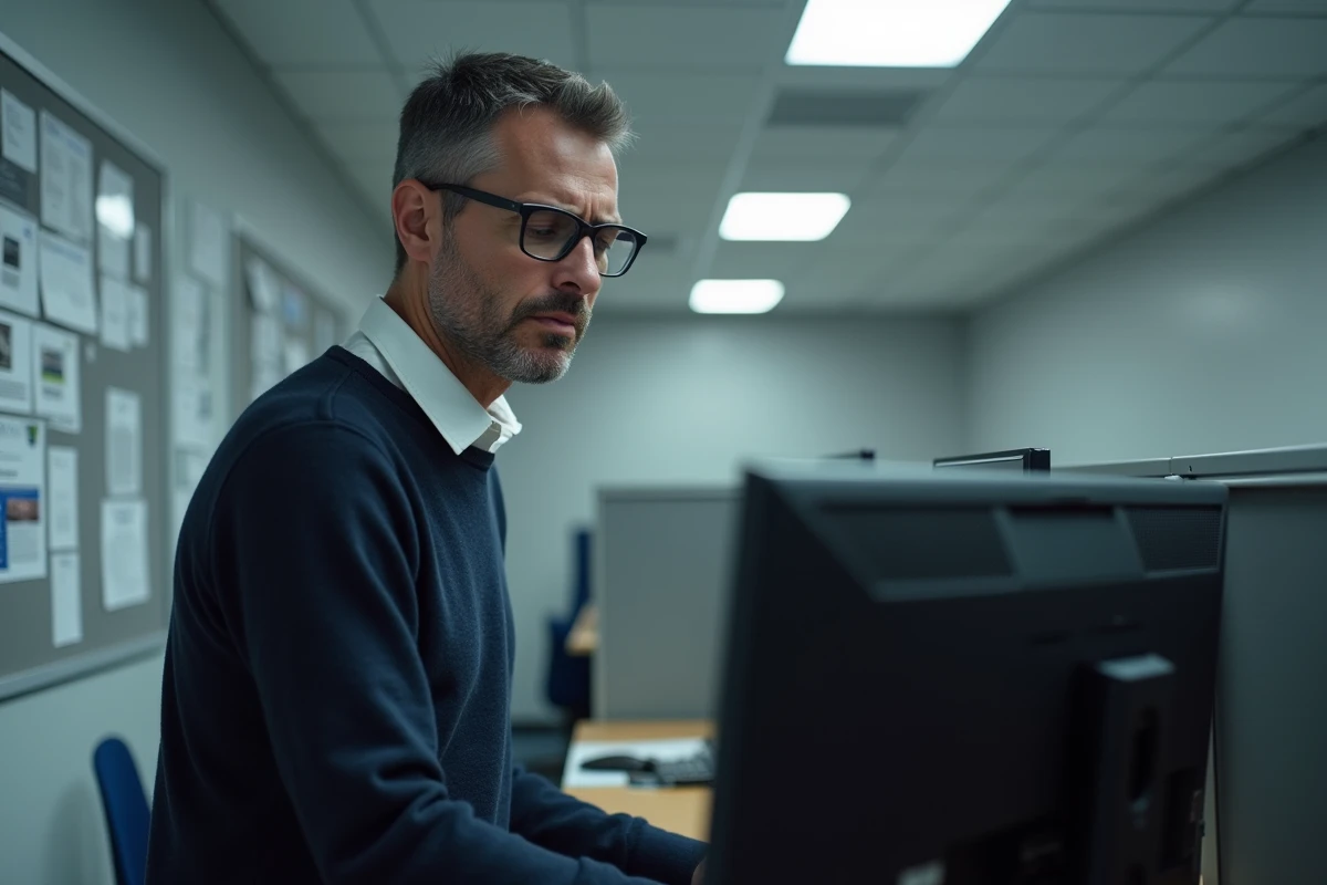 Enseignant debout devant un ordinateur de bureau consultant une page de récupération de mot de passe académique