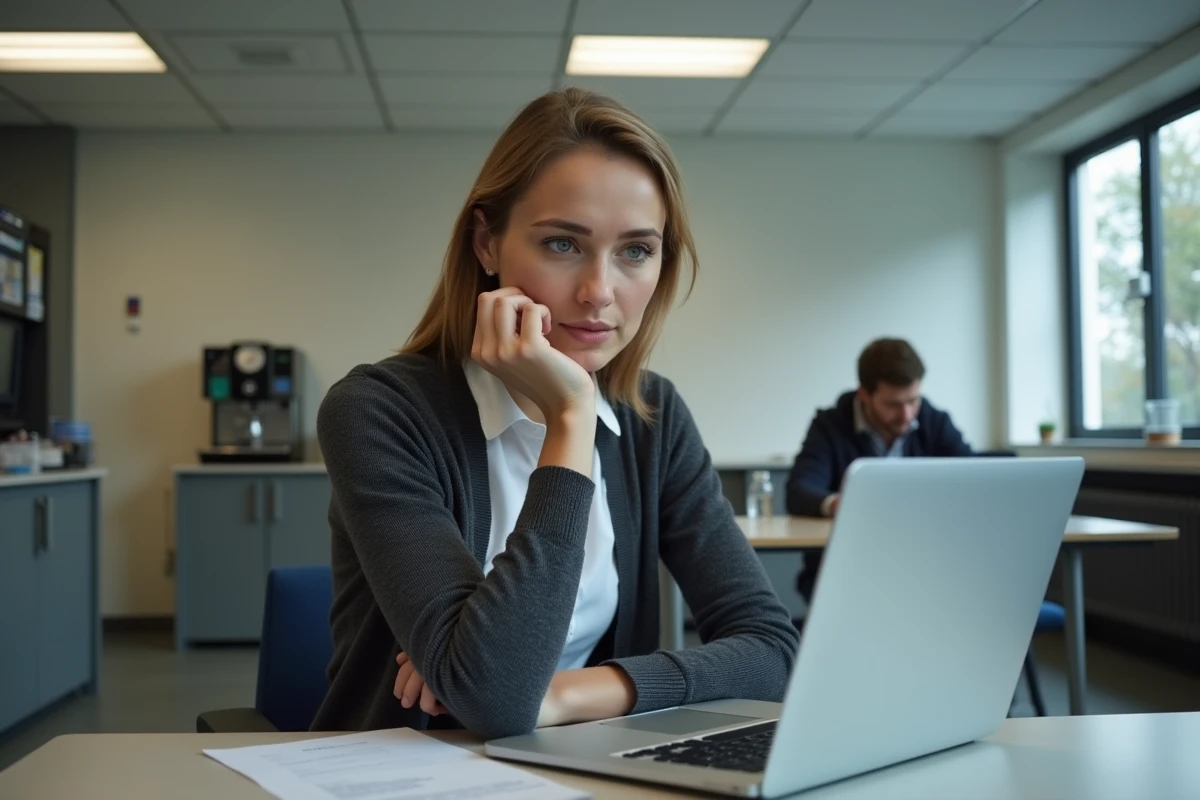 Enseignante en salle des professeurs tentant de résoudre un problème de connexion au webmail académique