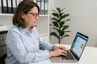 Une enseignante de l'académie de Bordeaux connectée à l'interface webmail convergence sur son ordinateur portable dans un bureau administratif