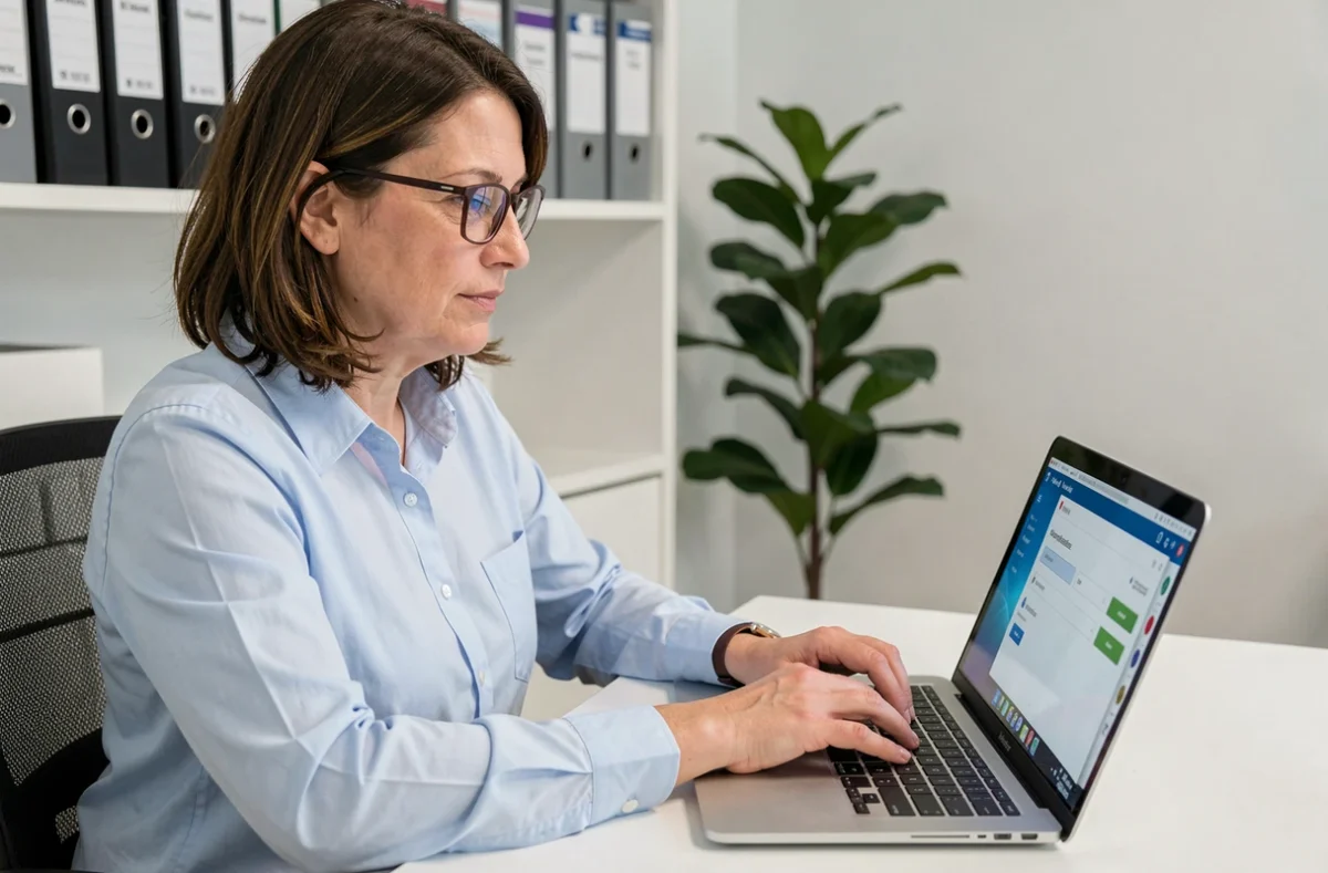 Une enseignante de l'académie de Bordeaux connectée à l'interface webmail convergence sur son ordinateur portable dans un bureau administratif