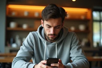 Homme consultant son smartphone dans un café pour envoyer un SMS en numéro masqué depuis son forfait mobile