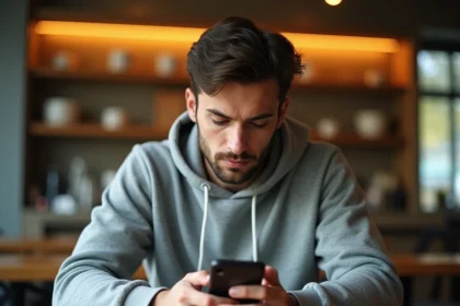 Homme consultant son smartphone dans un café pour envoyer un SMS en numéro masqué depuis son forfait mobile