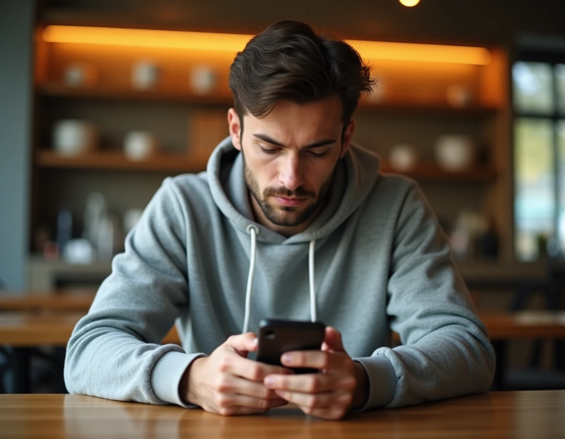 Homme consultant son smartphone dans un café pour envoyer un SMS en numéro masqué depuis son forfait mobile
