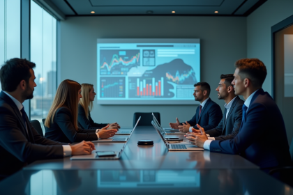 Groupe de professionnels autour d'une table avec tableau digital