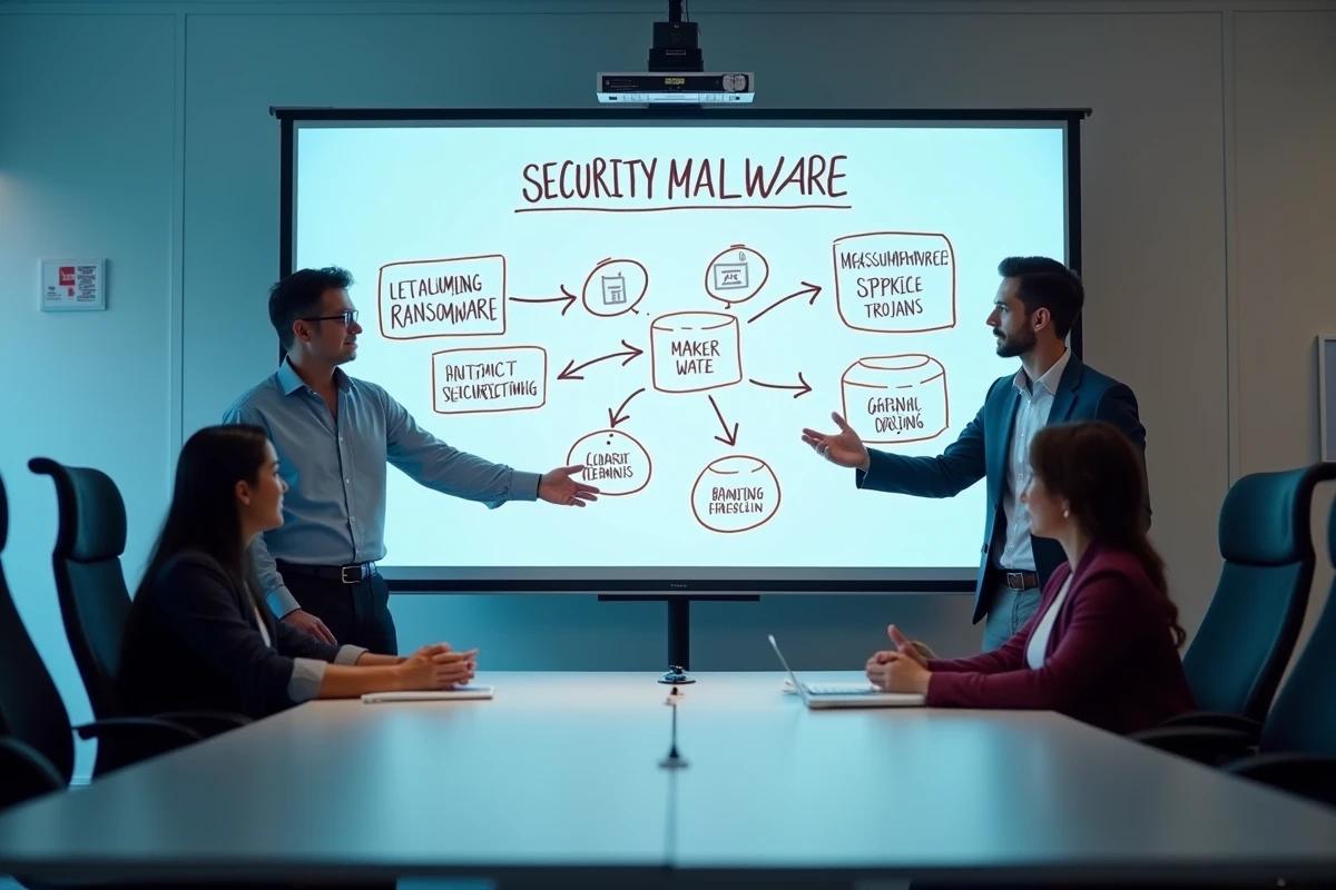 Équipe de professionnels IT discutant des catégories de logiciels malveillants devant un tableau blanc dans une salle de formation en entreprise