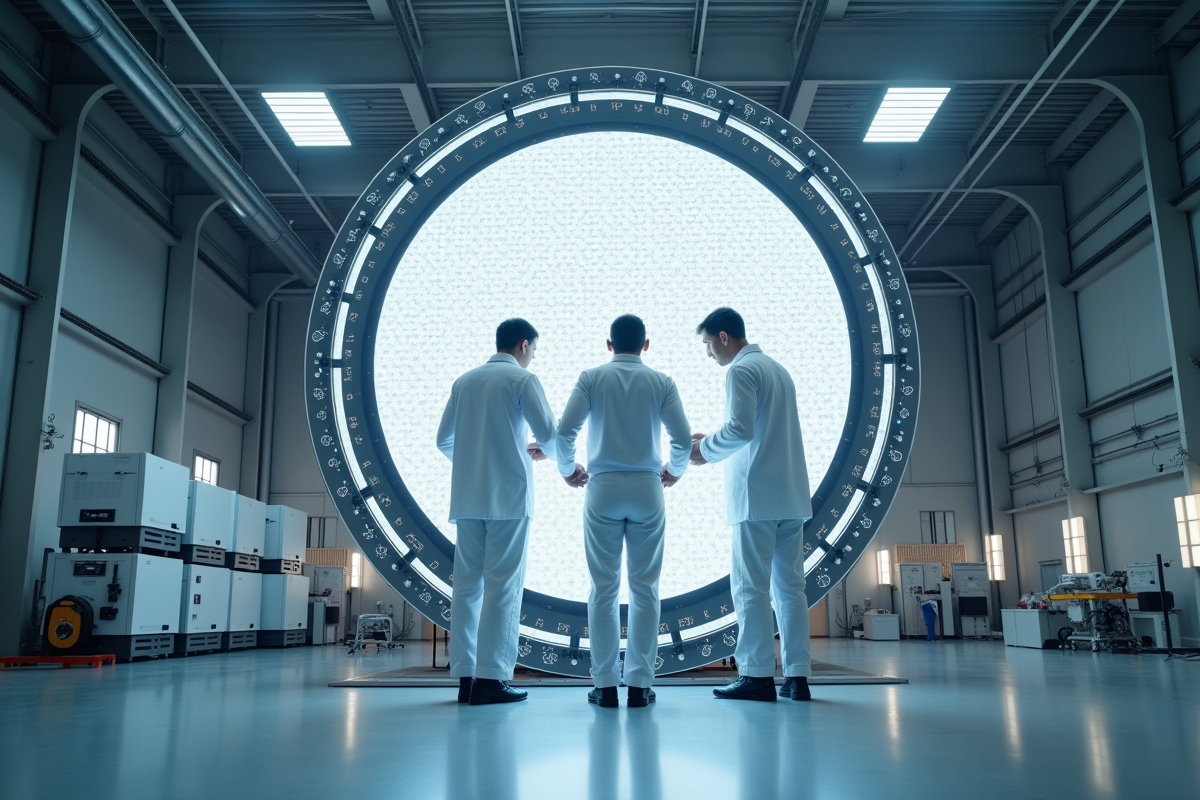 Equipe de techniciens installant des panneaux LED sur une sphere