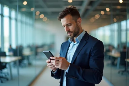 Professionnel en costume tenant un smartphone Ericsson dans un bureau moderne, illustrant le choix d'un téléphone pro en 2026