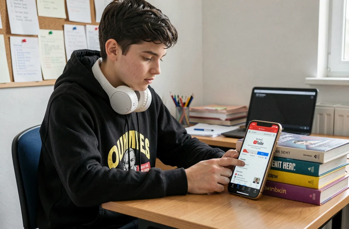 Adolescent dans sa chambre d'étudiant convertissant une vidéo YouTube en fichier MP3 depuis son téléphone