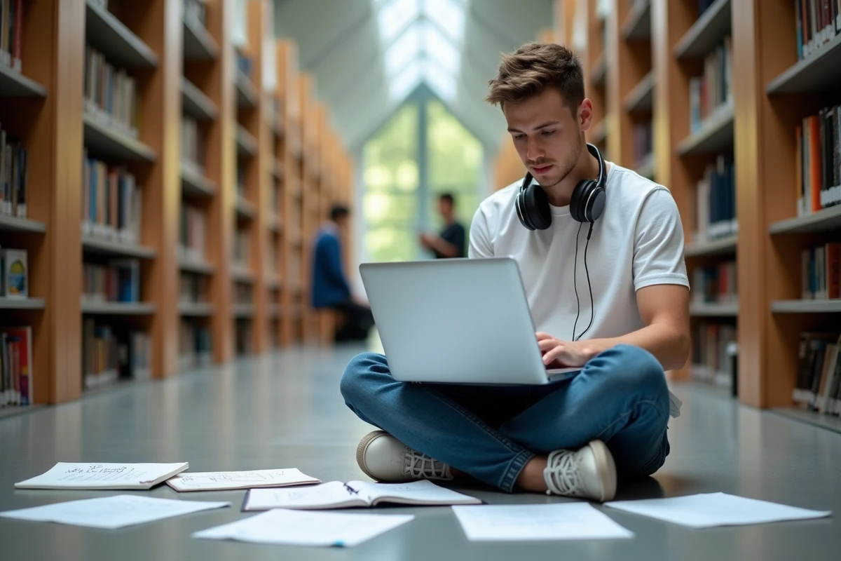Étudiant en informatique apprenant la méthode append des listes Python avec des notes manuscrites dans une bibliothèque universitaire