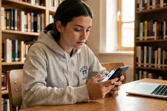 Étudiante consultant ses mails académiques Webversailles sur smartphone dans sa chambre universitaire