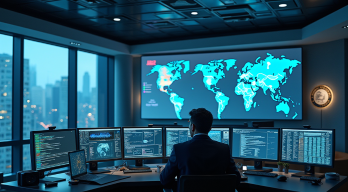 Expert en cybersécurité dans une salle de contrôle moderne