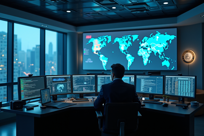 expert-cybersecurite-salle-contrle Expert en cybersécurité dans une salle de contrôle moderne