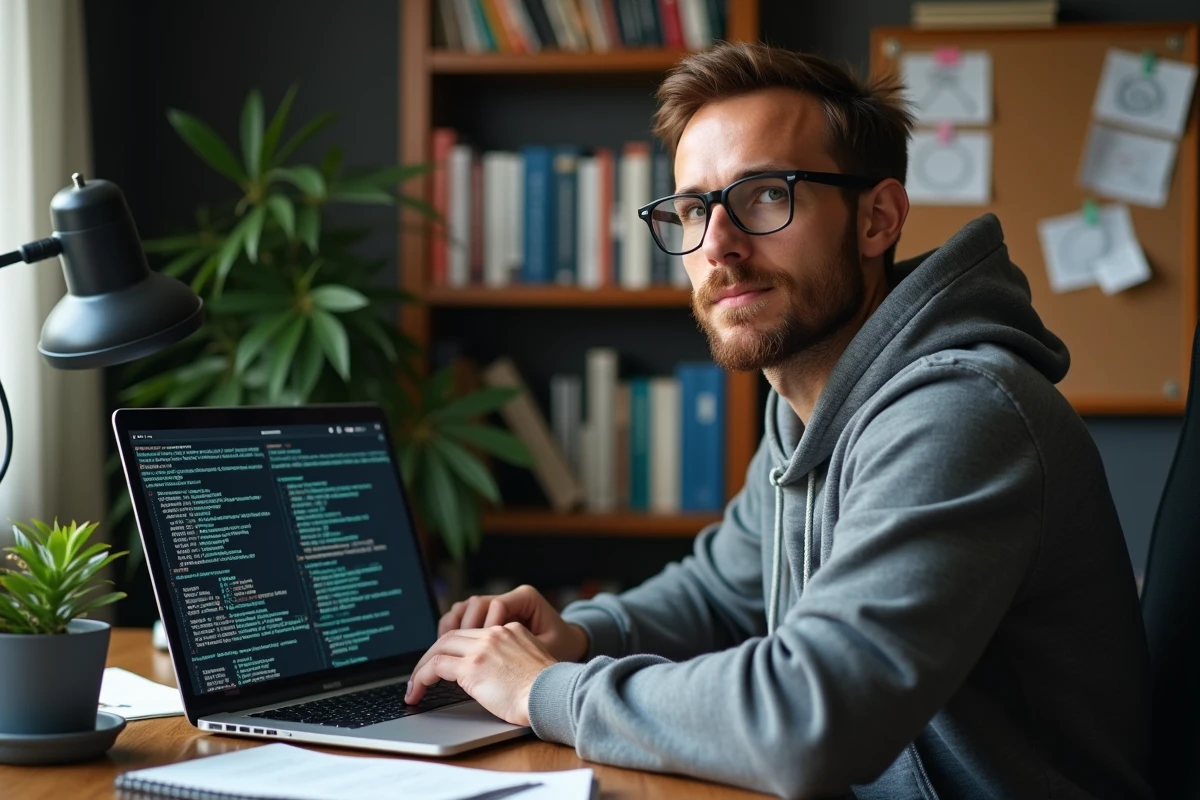 Expert en sécurité informatique travaillant depuis chez lui sur une classification des types de malwares dans un bureau à domicile organisé