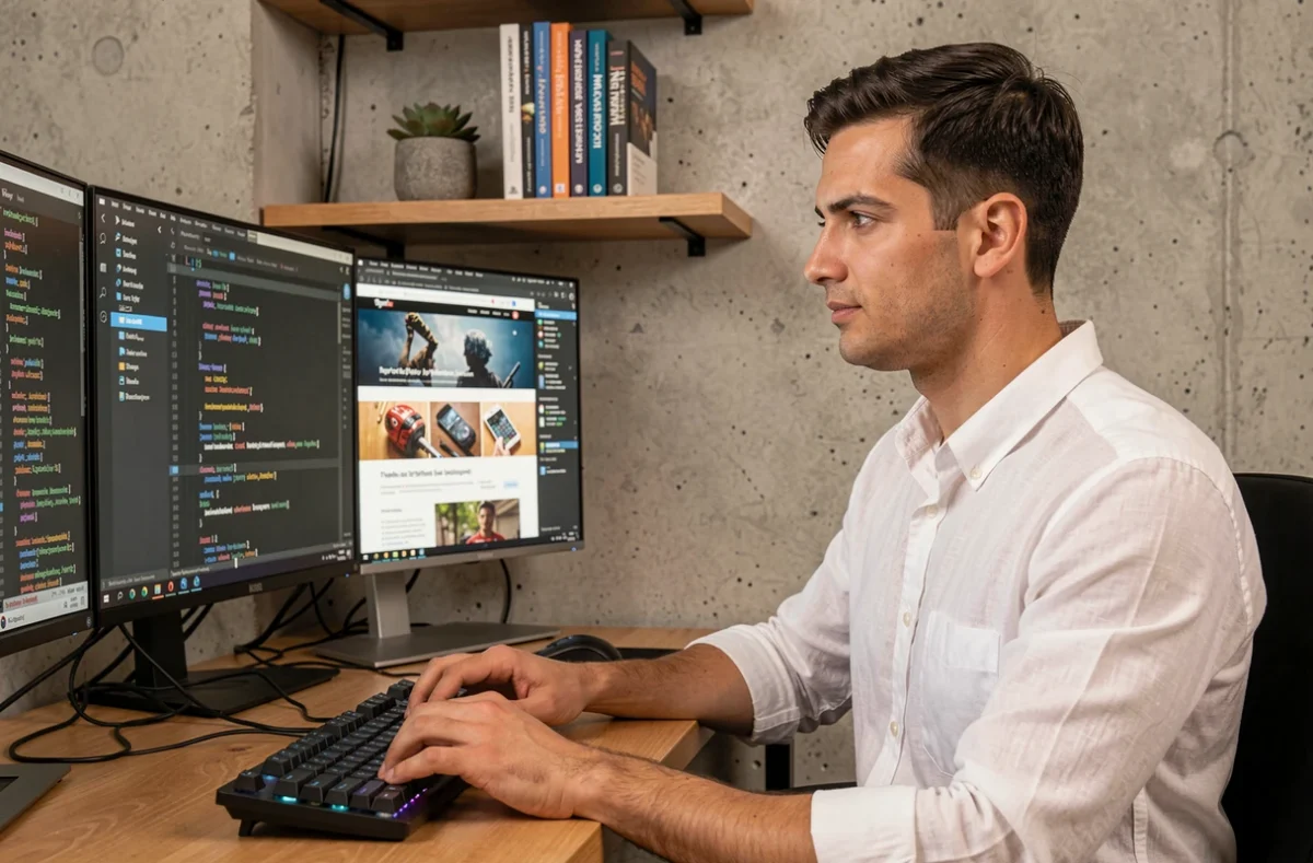 Farouk Nasri, développeur WordPress indépendant dans la Marne, travaillant sur du code et une prévisualisation de site web