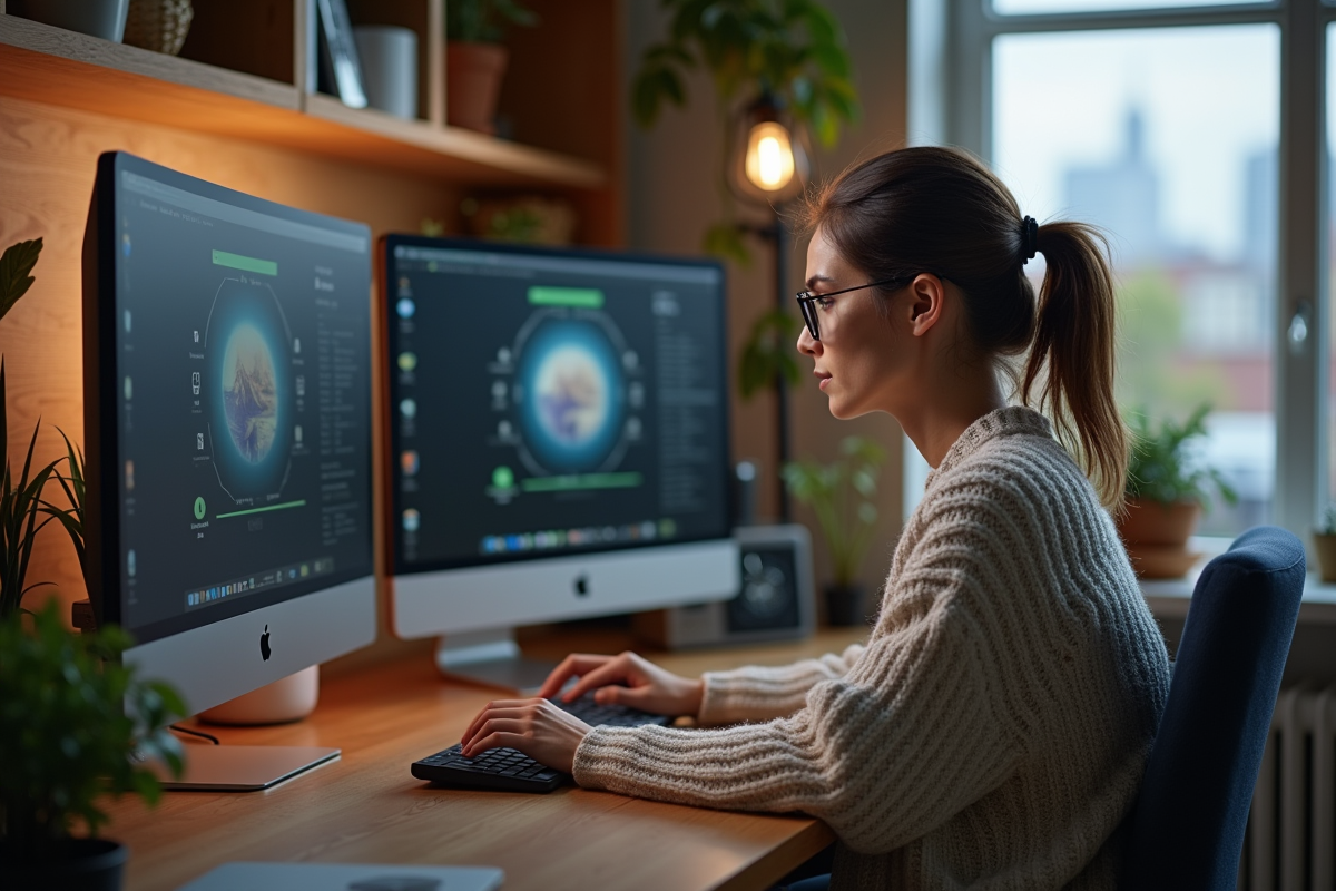 Femme en train de comparer deux écrans dans un bureau à domicile