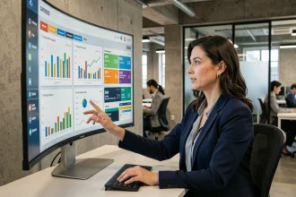 Femme professionnelle analysant un tableau de bord BI sur un grand écran incurvé dans un bureau moderne