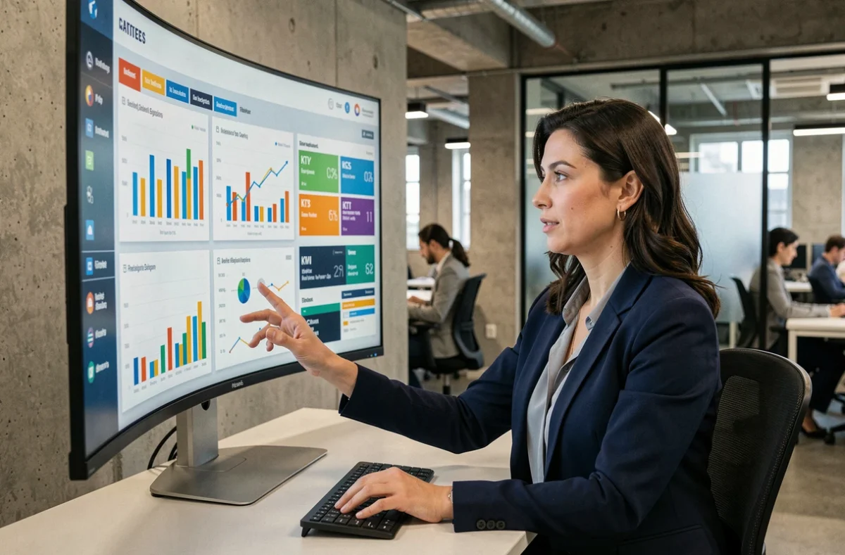 Femme professionnelle analysant un tableau de bord BI sur un grand écran incurvé dans un bureau moderne