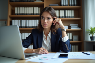 Femme en tenue professionnelle analysant des données SEO