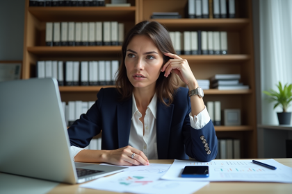 Femme en tenue professionnelle analysant des données SEO