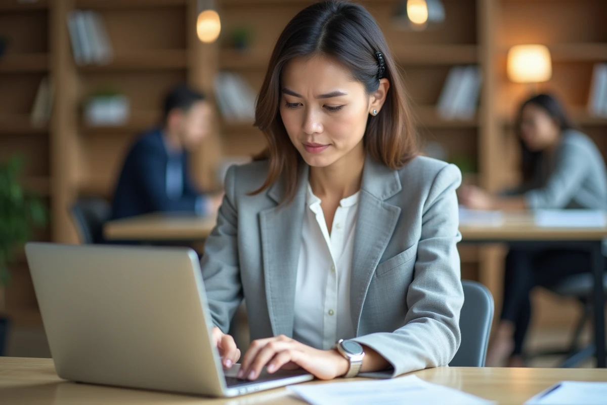 Femme professionnelle utilisant un correcteur orthographique en ligne sur son ordinateur portable au bureau pour éviter les fautes de frappe