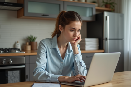 Jeune femme au bureau à la maison utilisant un ordinateur portable