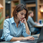 Jeune femme au bureau regardant un tableau digital